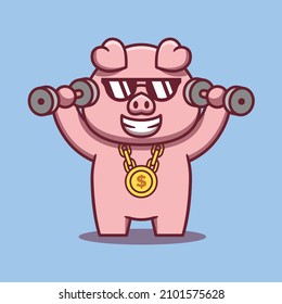 Vector illustration of a pig doing weightlifting. Flat cartoon style. Animal concept isolated on a blue background.
