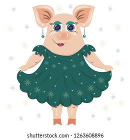 Vector illustration of a pig in an elegant, sparkling dress, earrings. For registration of cards, clothes, covers, gifts, mugs, plates, dishes, bags, stickers, phones, children's books and magazines.