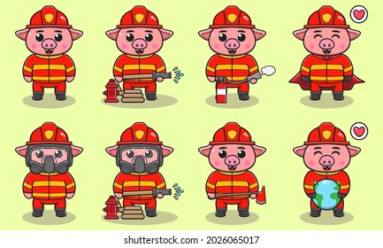 Vector illustration of Pig firefighters set. Fire fighter profession with flat design style. Good for icon, label, sticker, clipart.