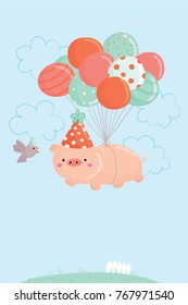 Vector illustration of pig flying in the sky with balloons