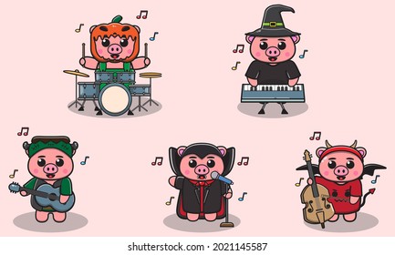Vector illustration of Pig Halloween. Pig with costume play a musical instrument.