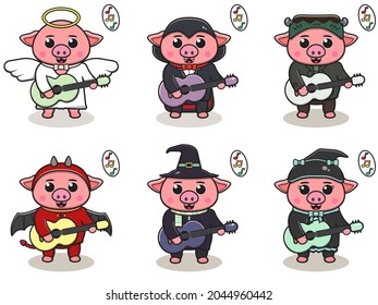Vector illustration of Pig with Halloween costume playing Guitar. Pig with costume play a musical instrument. Good for label, sticker, clipart.