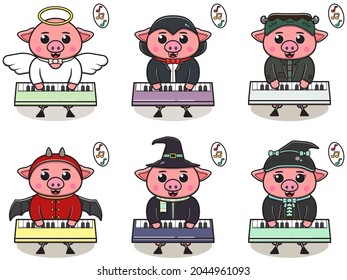 Vector illustration of Pig with Halloween costume playing Keyboard. Pig with costume play a musical instrument. Good for label, sticker, clipart.