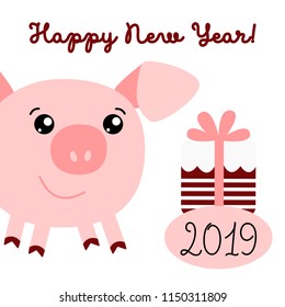 Vector illustration of pig with Happy New Year text. Zodiac sign of new year 2019. Greeting card for Year of the pig. Cute pet isolated on white background with gift box.