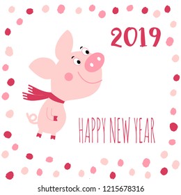 Vector illustration of Pig and Happy New Year text. Cute piglet with Scarf isolated on white background with confetti. Vector pink polka dot frame. Card, poster for Merry Christmas greeting.