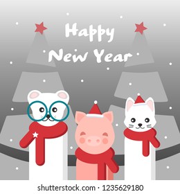 Vector illustration with pig and her friends. Little cute pig with pink cheeks and a cat with a bear in a red scarf. Symbol of the year 2019.