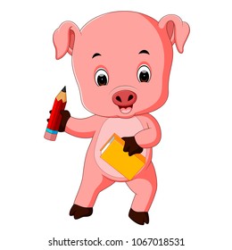vector illustration of pig holding book and pencil