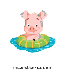 Vector illustration of a pig with an inflatable circle. Excellent for the design of postcards, posters, stickers and so on.