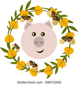 Vector illustration of pig and leafy wreath, separated illustration with pig,leaves and acorns for card,invitation, sticker,button,logo,tags,labels