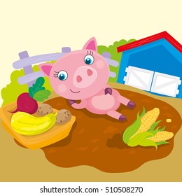 Vector illustration of pig lies in a puddle next to the trough with vegetables