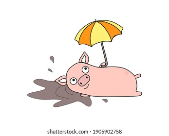 Vector illustration
of a pig lying in a puddle of mud and holding an umbrella, in cartoon style. Children's illustration.