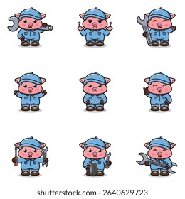 Vector Illustration of Pig Mechanic Cartoon Character. Mechanic Character Vector Illustration. Pig Character animal. Mechanic Mascot.