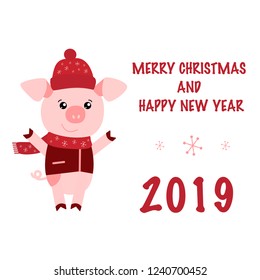 Vector illustration of Pig, Merry Christmas and Happy New Year text. Zodiac symbol of 2019 New year. Cute design useful for invitations, Christmas card, poster.