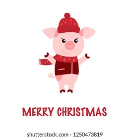 Vector illustration of Pig and Merry Christmas text. Zodiac simbol of Chinese New Year 2019. Useful for calendar, diary, banner, greeting card. Vector isolated illustration for chinese new year