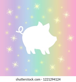 Vector illustration with pig for New Year. Pastel gradient background with stars. Zodiac symbol of 2019 New year. Cute cartoon pig useful for invitations, Christmas card, banner.
