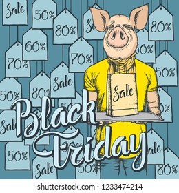 Vector illustration of pig on Black Friday. Pig with sale pack on shopping