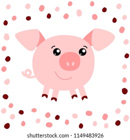 Vector illustration of pig on polka dot background. Vector illustration of Pig with confetti. Zodiac sign of new year 2019. Cartoon illustration for card, prints, calendar, sticker, invitation.