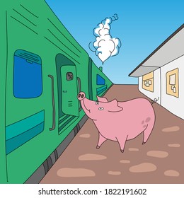 Vector illustration with a pig on the train station platform