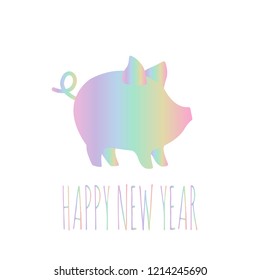Vector illustration of Pig with pastel gradient painting and Happy New Year text. Cute piggy silhouette,  Zodiac symbol of 2019 New year. Cute cartoon pig useful for invitation, Christmas card, poster