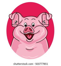 Vector illustration of a pig. Pig portrait on white background. Cartoon pig looks out from the pink hole. Pig face. Pig animal. Pig farm