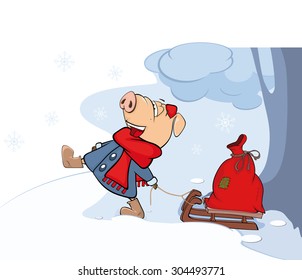 vector illustration of a pig pulling a slay