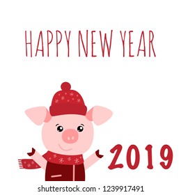 Vector illustration of Pig with red hat and 2019 Happy New Year text. Zodiac symbol of 2019 New year. Cute cartoon pig useful for invitations, scrapbook, Christmas card, poster, sticker, clip art. 