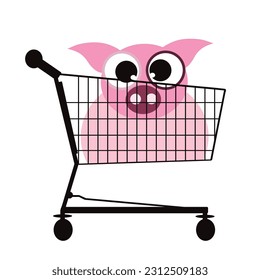 Vector illustration of pig in shopping cart on white background.