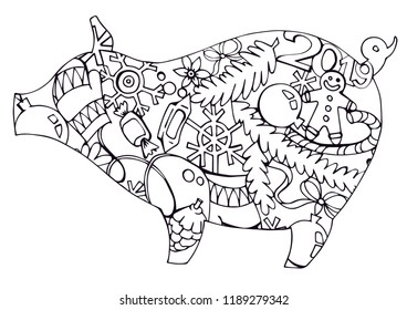 vector illustration of a pig, a symbol of the new year with Christmas ornaments