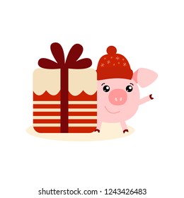 Vector illustration of Pig. Zodiac simbol of Chinese New Year 2019. Useful for calendar, diary, banner, greeting card. Cute piggy iwith gift box, symbol of 2019 year for your design.