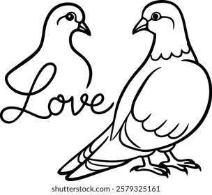 Vector Illustration of Pigeon Bird Couple with Love Text