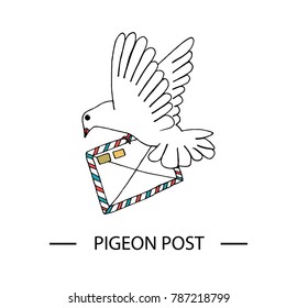 Vector illustration of pigeon carrying a letter with stamps. Hand drawn communication icon. Pigeon post sign isolated on white background with text.