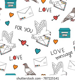 Vector illustration of pigeon carrying a letter with stamps, post box, letter, hearts. Seamless pattern for saint Valentine's day. Romantic love message background