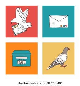 Vector illustration of pigeon carrying a letter with stamps, dove, post box. Hand drawn communication icon set. Pigeon post signs in colorfull blocks.