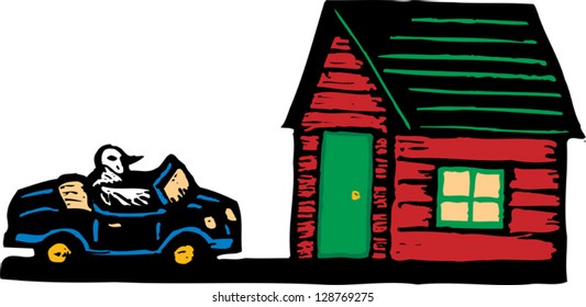 Vector illustration of a pigeon driving a car