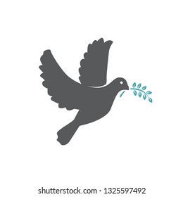 The vector illustration a pigeon holds in a beak a branch with leaves. Set of two vector icons. The good news in an image of a bird with a world symbol. Flat design Monochrome