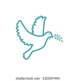 The vector illustration a pigeon holds in a beak a branch with leaves. Set of two vector icons. The good news in an image of a bird with a world symbol. Flat design