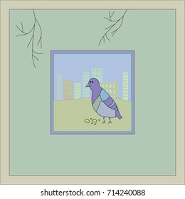 Vector illustration of pigeon on background of the city. Flat design. Vector illustration. Banner, poster, invitation card, wallpaper in flat design style.