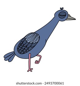 Vector illustration of a pigeon walking funny with its eyes closed in cartoon style on a white background