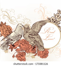 Vector illustration with pigeons and flowers 
