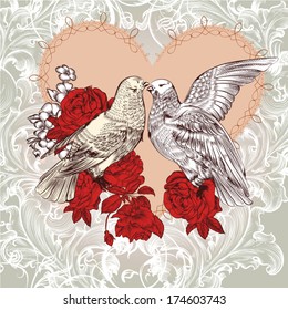 Vector illustration with pigeons and flowers
