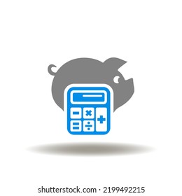 Vector illustration of piggy bank with calculator.  Icon of ROTH IRA. Symbol of money calculation and investing. Sign of tax calculation.