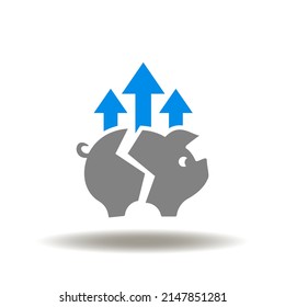 Vector illustration of piggy bank a crashed or broken with arrows up. Icon of growth consumption, expenditure rate. Symbol of inflation, recession. Sign of spending financial savings.