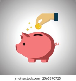 vector illustration of piggy bank and hand inserting coins for investment