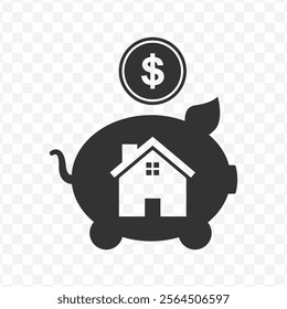 Vector illustration of piggy bank house icon in dark color and transparent background(PNG).