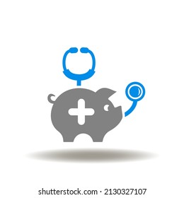 Vector illustration of piggy bank with stethoscope. Icon of money and health. Symbol of saving health. Health invest sign.