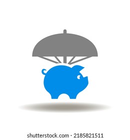 Vector illustration of piggy bank with umbrella. Icon of finance insurance. Symbol of save money invested.