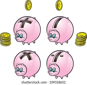 vector illustration of piggy banks with four arithmetical operations signs and euro-dollar coins./the four arithmetical operations-plus,minus,dot,stroke