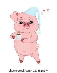 Vector illustration of piggy cartoon sticker smiley isolated on white. Piggy in a night cap woke up with a cup of coffee emotion design element-vector.