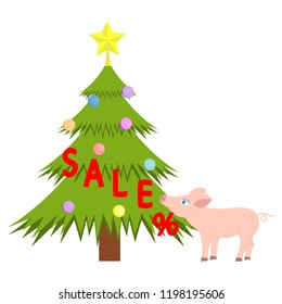 Vector illustration. Piggy decorates Christmas tree letters "sale" Advertising sales, holiday discounts, seasonal liquidation.