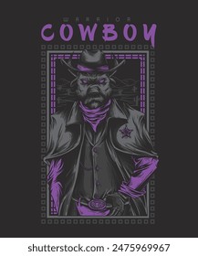 Vector illustration of a pig-headed cowboy wearing a black cowboy hat and a black suit with a purple shirt, blending whimsical charm with Western style.